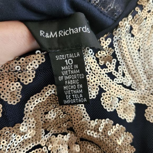 R&M Richards Blue and Gold Embellished Sequin Bow High Low Ball Gown Dress - Picture 8 of 12